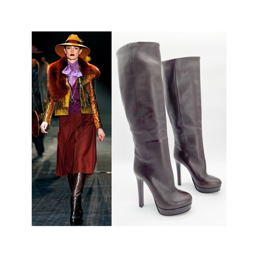 Gucci Fall 2011 Runway Alexa Dark Brown Leather Platform Knee High Boots IT 38.5